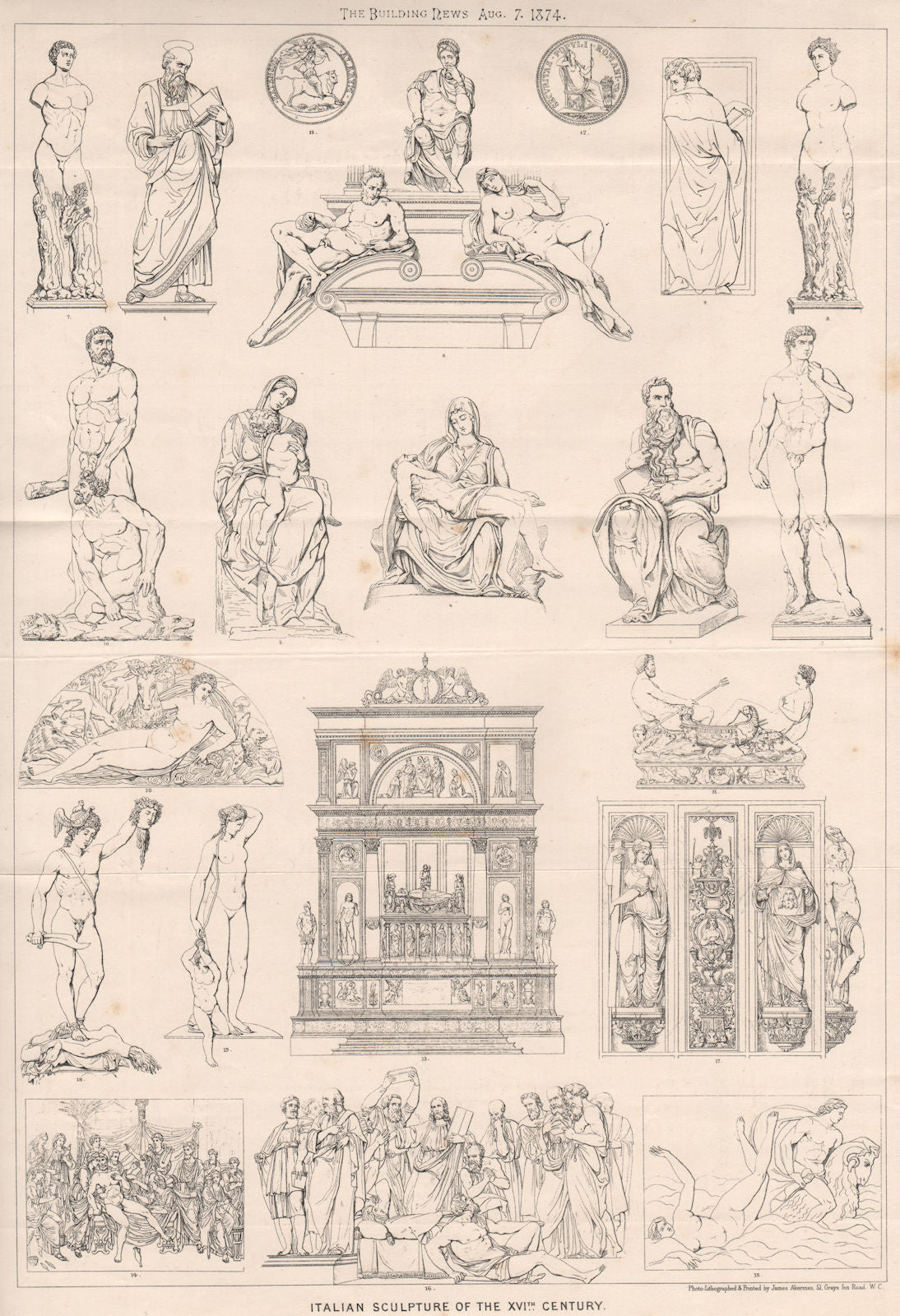 Italian sculpture XVIth. Century. Italy 1874 old antique vintage print picture